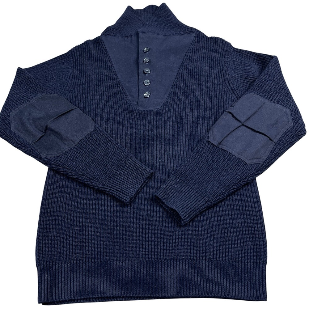 Schott Henley Sweater Mens M Blue 100% Wool Pullover Button Elbow Patches Slim